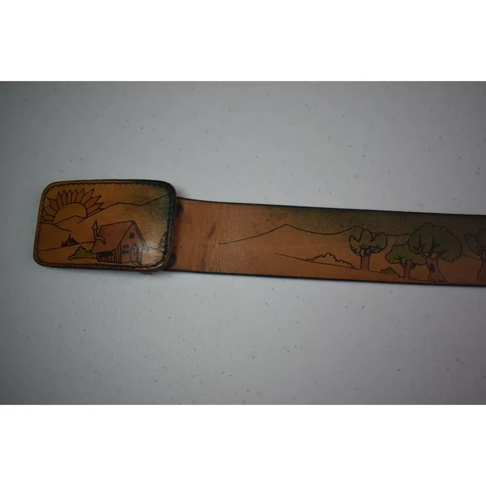 Leegin Vintage Painted Leather Belt 1975 Pastoral Scene Size 32